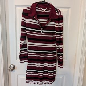 No Boundaries Burgundy, Black & White Striped Polo Zip Sweater Dress